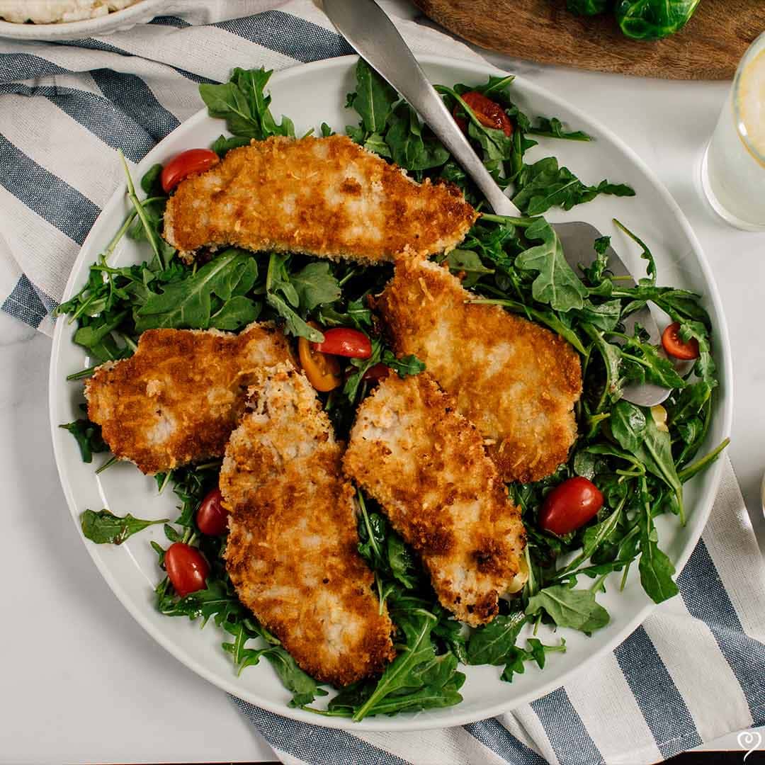 Pork Chop Milanese with Creamy Herbed Peas
