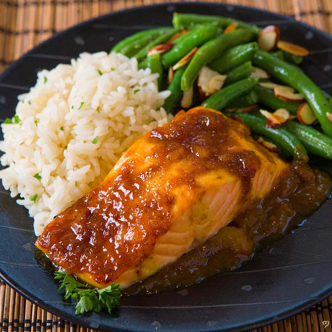 Mango Glazed Salmon with Garden Veggie Rice
