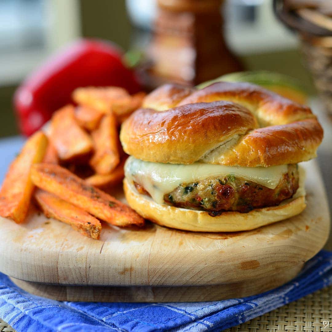 Turkey Florentine Burgers with Pretzel Buns and Salt & Pepper Fries