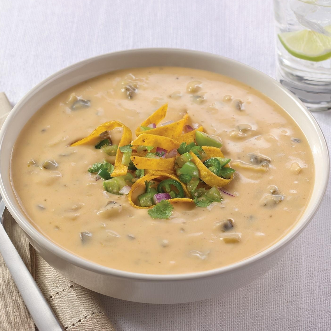 Roasted Poblano and White Cheddar Soup with Tomatillos