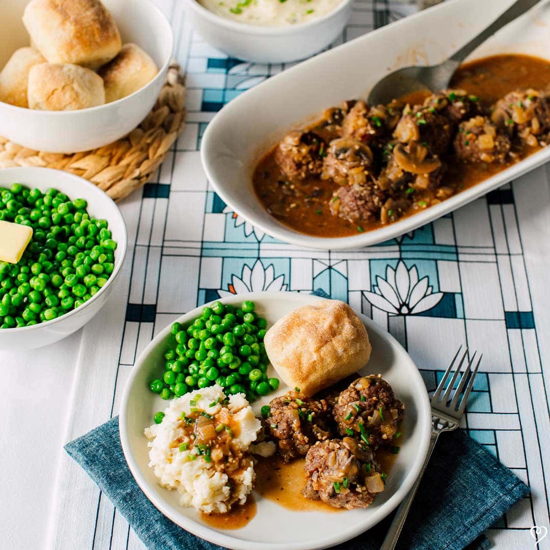 Salisbury Meatballs with Mushroom Gravy over Noodles
