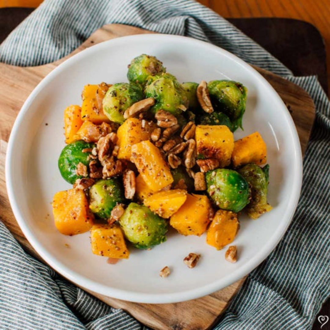Roasted Sweet Potatoes and Brussels Sprouts in Warm Dressing